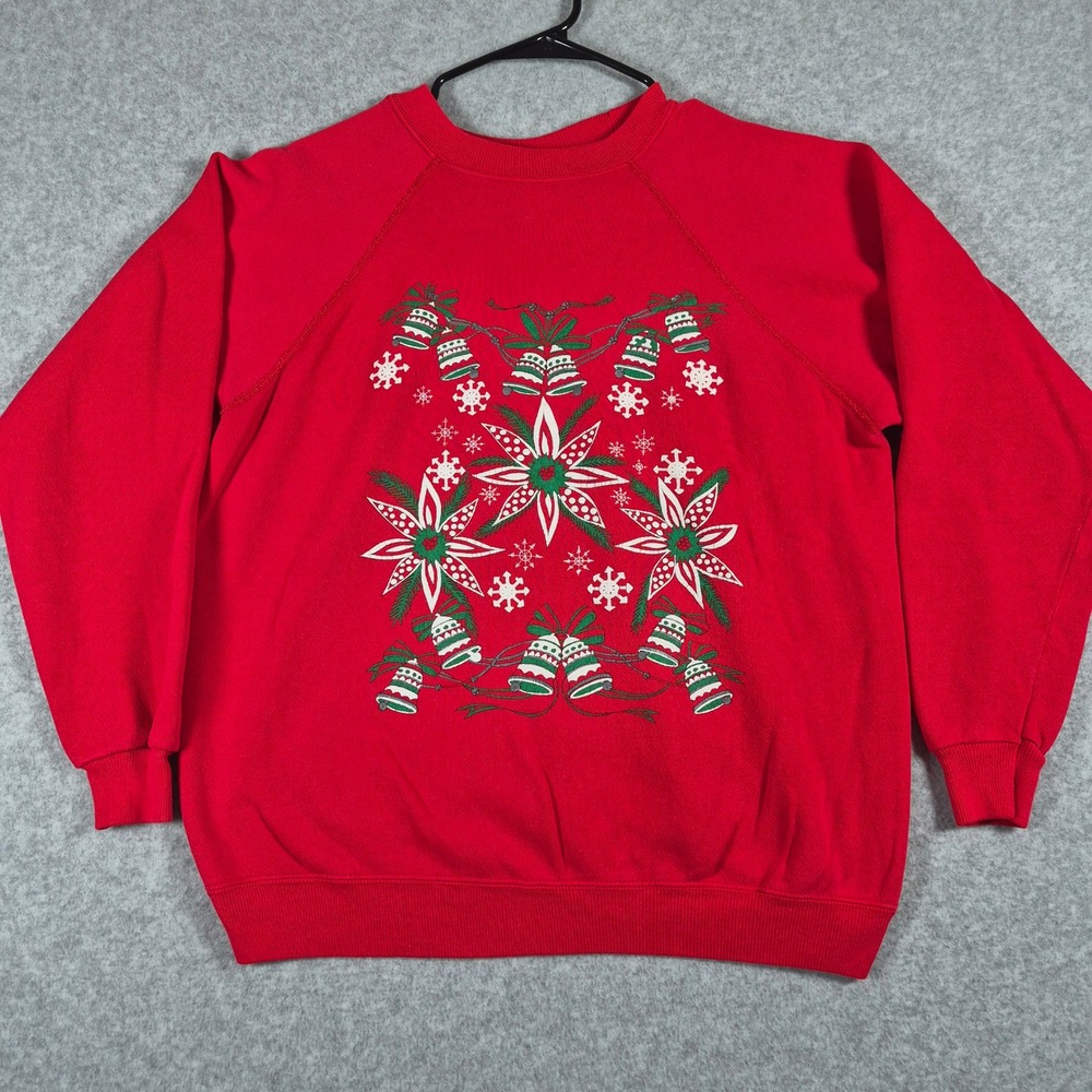 Vintage 80s 90s Hanes Sport Sweatshirt Unisex Large Red Poinsettia Made in USA